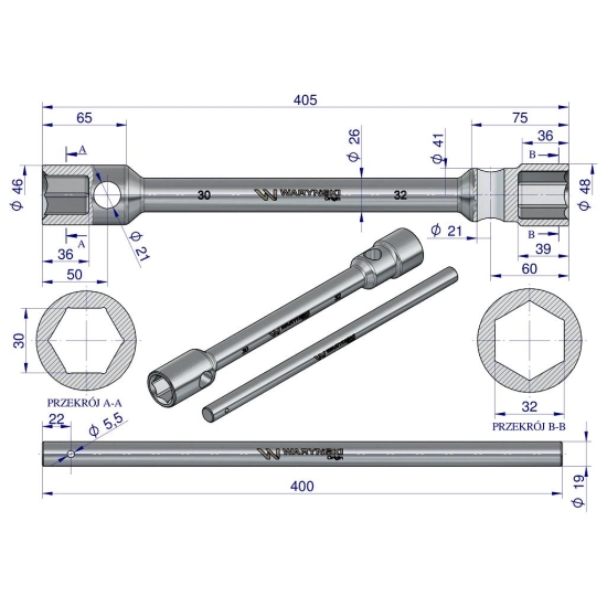 Klucz krzyżakowy do kół 30 x 32mm wzmocniony  wkladany uchwyt Waryński