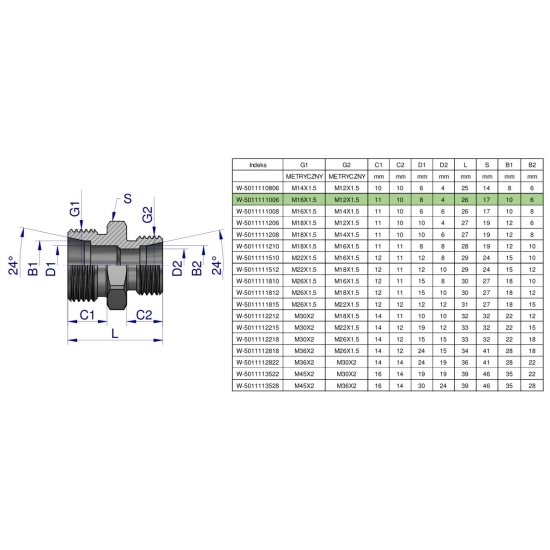 Złączka hydrauliczna redukcyjna metryczna BB M16x1.5 10L / M12x1.5 06L (XG) Waryński ( sprzedawane po 5 )