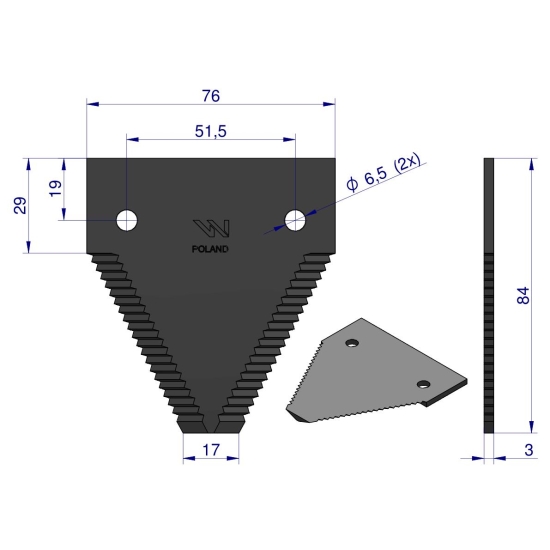 Nóż żniwny 84x76x3mm otwór 6.5 zastosowanie 611203.1 Claas WARYŃSKI ( sprzedawane po 25 )