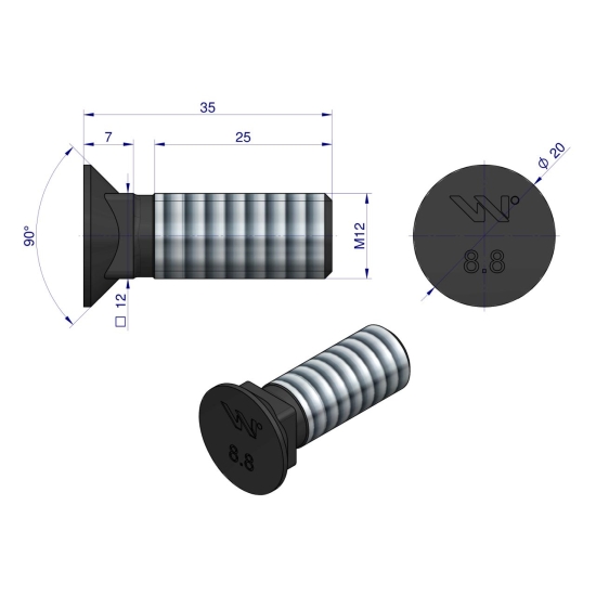 Śruba płużna podsadzana M12x35 mm kl.8.8 Waryński ( sprzedawane po 10kg )