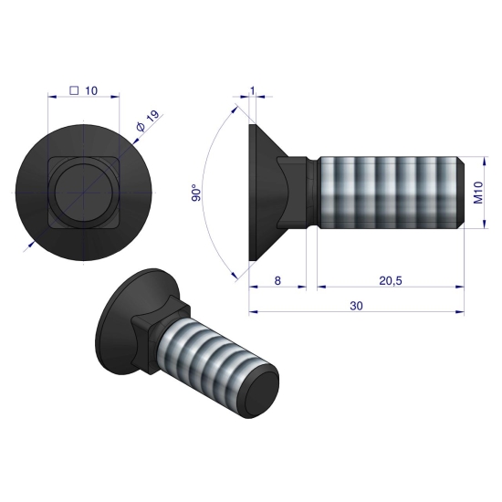 Śruba kpl. płużna podsadzana D 608 M10x30 mm kl.10.9 Waryński ( sprzedawane po 25 )