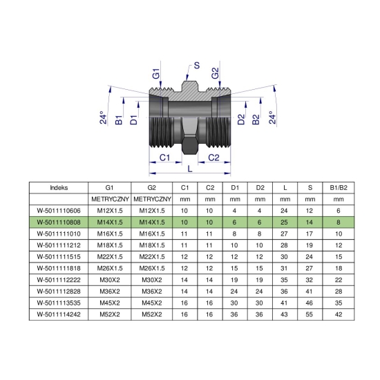 Złączka hydrauliczna metryczna BB M14x1.5 08L (XG) Waryński ( sprzedawane po 10 )