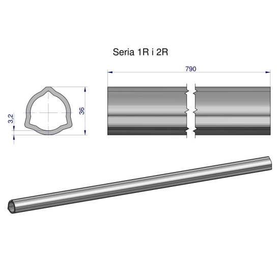 Rura wewnętrzna Seria 2R, rura zewnętrzna Seria 1R do wału 910 przegubowo-teleskopowego 36x3.2 mm 790 mm WARYŃSKI