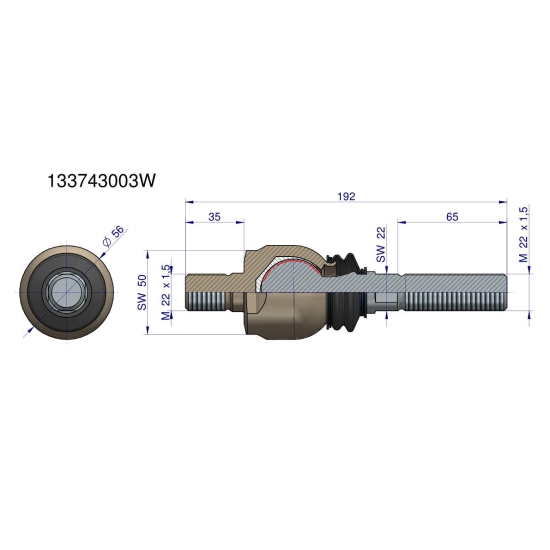 Przegub kierowniczy 192mm - M22x1,5 ; M22x1,5 133743003 WARYŃSKI