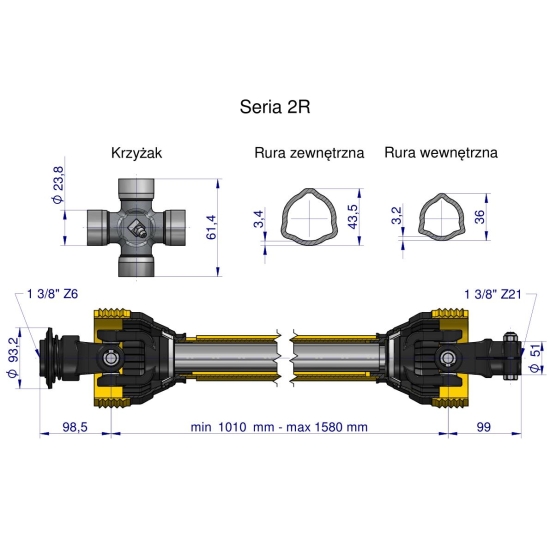 Wał przegubowo-teleskopowy 1010-1580mm 270Nm widłak Z21 skręcany na śrubę 40270 CE seria 2R WARYŃSKI