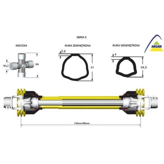 Wał przegubowo-teleskopowy 610-880mm 620Nm 60230 CE seria 5 AKSAN