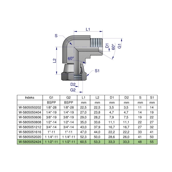 Kolanko hydrauliczne calowe AB 1 1/2" BSP Waryński