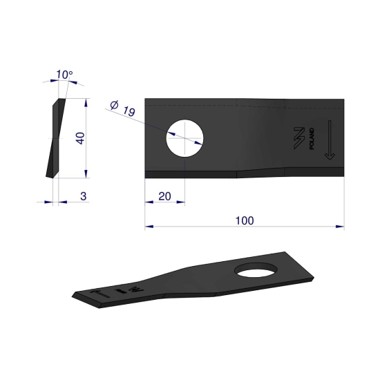 Nóż. nożyk kosiarka prawy 100x40x3mm otwór 19 zastosowanie 580290955 BCS Sipma WARYŃSKI ( sprzedawane po 25 )