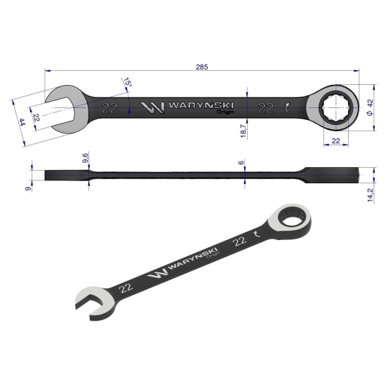 Klucz płasko-oczkowy 22 mm z grzechotką 72 zęby standard ASME B107-2010 Waryński