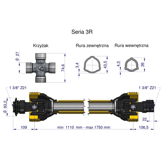 Wał przegubowo-teleskopowy 1110-1750mm 460Nm Z21 z dwóch stron CE seria 3R WARYŃSKI