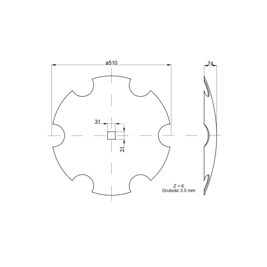 Talerz uzębiony fi 510 otwór 30x30 stal borowa Talerzówka 1242050040 1279201020