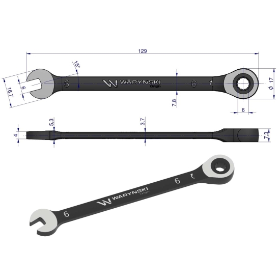 Klucz płasko-oczkowy 6 mm z grzechotką 72 zęby standard ASME B107-2010 Waryński