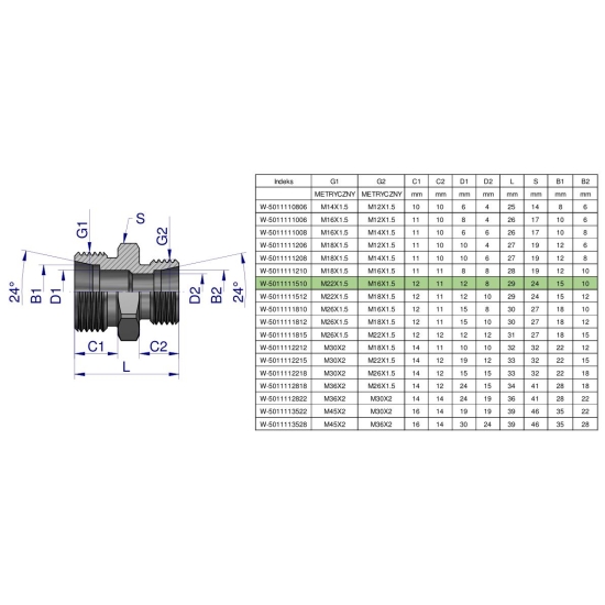 Złączka hydrauliczna redukcyjna metryczna BB M22x1.5 15L / M16x1.5 10L (XG) Waryński ( sprzedawane po 10 )