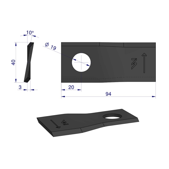 Nóż. nożyk kosiarka zwichrowany 94X40X3X19 lewy zastosowanie 1474195 001474195 Krone WARYŃSKI ( sprzedawane po 25 )