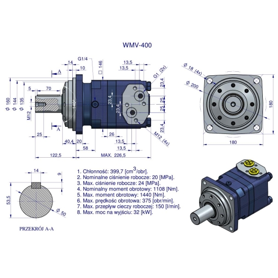 Silnik hydrauliczny orbitalny WMV 400 cm3/obr (200 bar / max.280 bar) Waryński