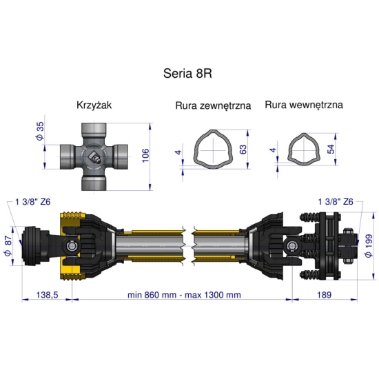 Wał przegubowo-teleskopowy 860-1300mm 1240Nm sprzęgło cierne 2000Nm CE 2020 seria 8R Waryński