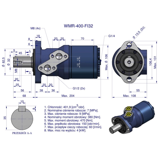 Silnik hydrauliczny orbitalny WMR 400 cm3/obr z wałkiem fi 32mm (70 bar / max.110 bar) Waryński