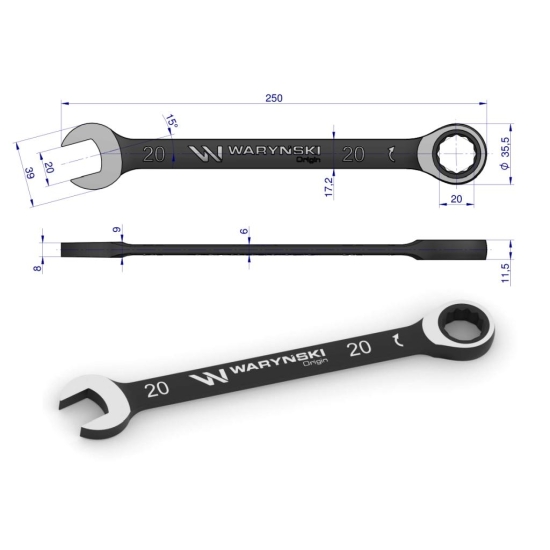 Klucz płasko-oczkowy 20 mm z grzechotką 72 zęby standard ASME B107-2010 Waryński