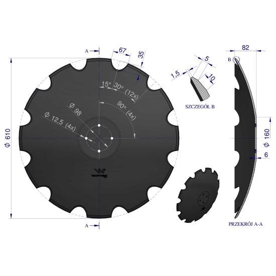 Talerz uzębiony Z-12 fi 610 mocowanie 4/98 grubość 6 stal borowa WARYŃSKI R
