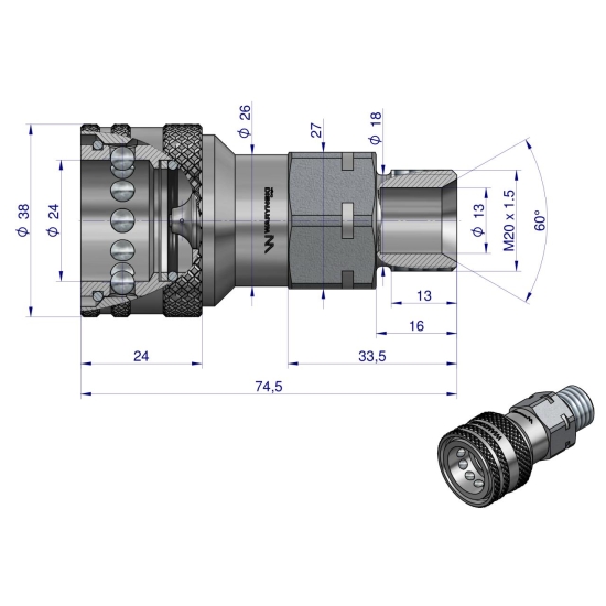 Szybkozłącze hydrauliczne gniazdo z eliminatorem ciśnienia M20x1.5 gwint zewnętrzny EURO (ISO 7241-A) Waryński