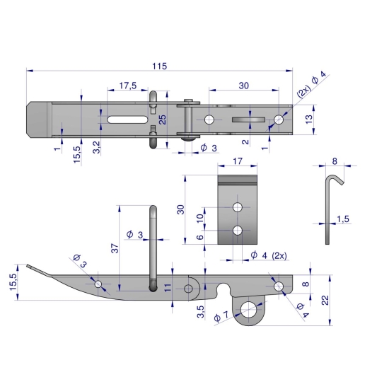 Spinacz. zaczep. zamek burty uniwersalny 115 mm x 17 mm. ze skoblem. klamra z drutu fi-3mm