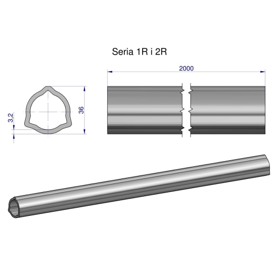 Rura trójkątna wewnętrzna Seria 2R, rura zewnętrzna Seria 1R do wału przegubowo-teleskopowego 36x3.2mm 2m WARYŃSKI (sprzedawane po 2)