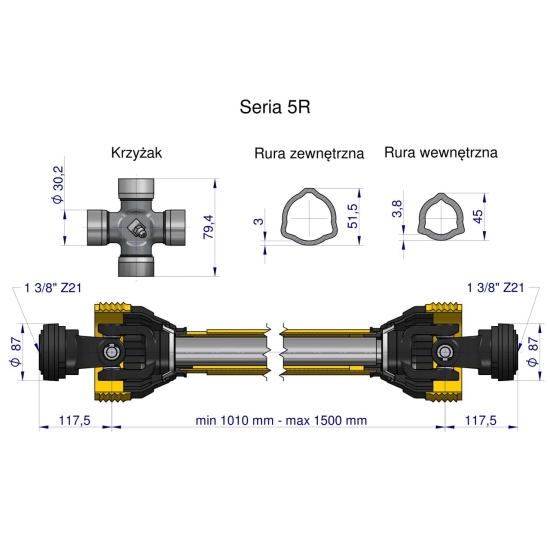 Wał przegubowo-teleskopowy 1010-1500mm 620Nm Z21 z dwóch stron CE 2020 seria 5R Waryński