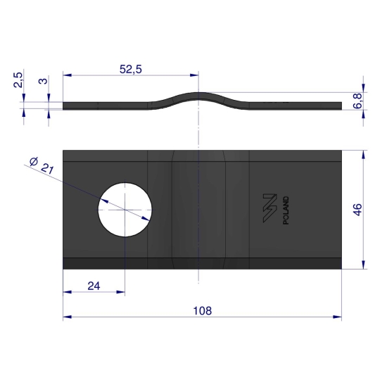 Nóż. nożyk kosiarka gięty 108x46x3mm otwór 21 zastosowanie CM120-108 PZ WARYŃSKI ( sprzedawane po 25 )