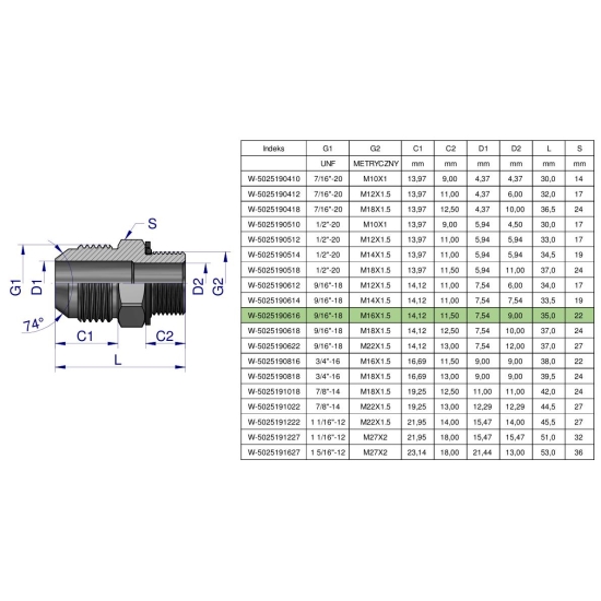 Przyłączka hydrauliczna BB 9/16"UNF (JIC) x M16x1.5 (XGE) Waryński ( sprzedawane po 2 )