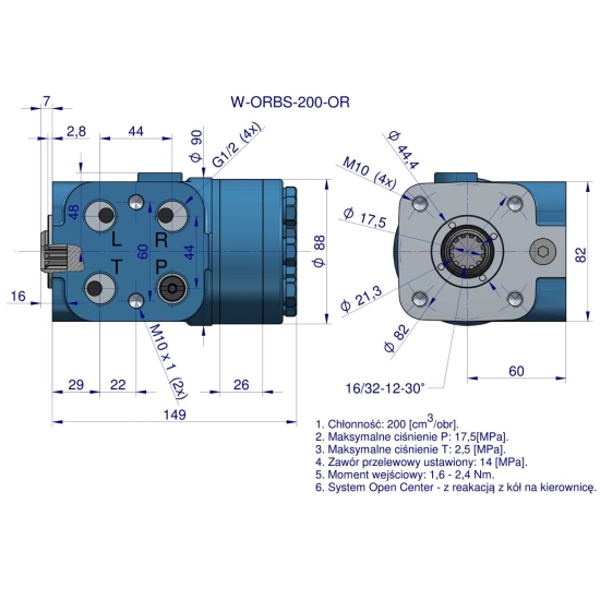 Orbitrol hydrauliczny W-ORBS-OR 200 cm3/obr z zaworami (System Open Center - z reakcją z kół na kierownicę) Waryński