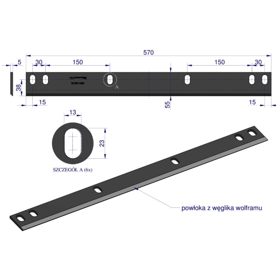 Nóż walca zrywacza napawany 570x54x5 otwory 6x23.7mm DR11030 zastosowanie Olimac WARYŃSKI
