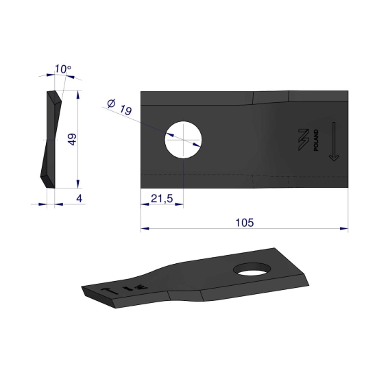 Nóż. nożyk kosiarka prawy 105x48x4mm otwór 19 zastosowanie 9492422 Claas WARYŃSKI ( sprzedawane po 25 )