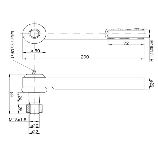 Przegub kierowniczy 196mm - M18x1,5L 137047A1, oś Carraro 707 Case TAQ