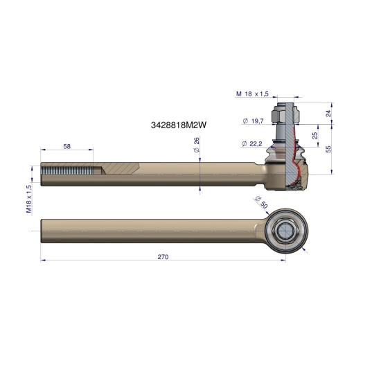 Przegub kierowniczy 270mm- M18x1,5 3428818M2 WARYŃSKI