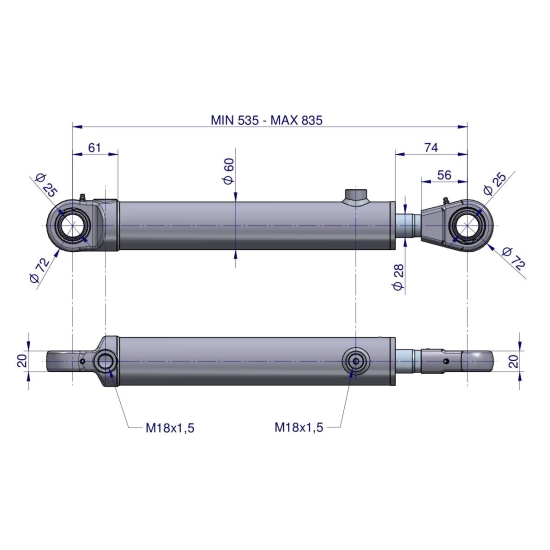 Cylinder hydrauliczny - siłownik dwustronny wspomagania układu kierowniczego (SMT2CJ.50.28.300; 88276909) C-385 6-cyl. Waryński