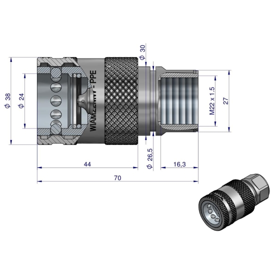 Szybkozłącze hydrauliczne gniazdo z eliminatorem ciśnienia M22x1.5 gwint wew. EURO PUSH-PULL (ISO 7241-A) Waryński