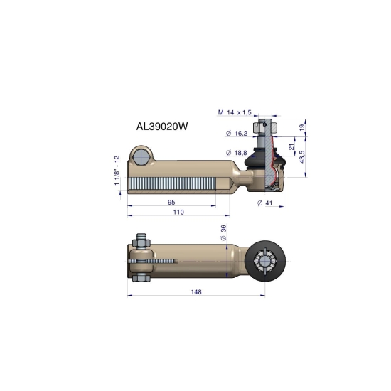 Przegub kierowniczy 148mm- M1 1/8-12 AL39020 WARYŃSKI