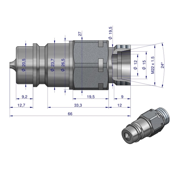 Szybkozłącze hydrauliczne wtyczka M22x1.5 gwint zewnętrzny EURO (9100822W) (ISO 7241-A) Waryński (opakowanie 50szt)