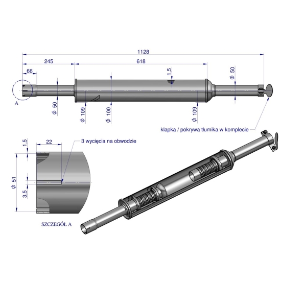 Tłumik 1128mm 3029104M1 4.8kg MF3 C-3603P (prosty) INOX WARYŃSKI