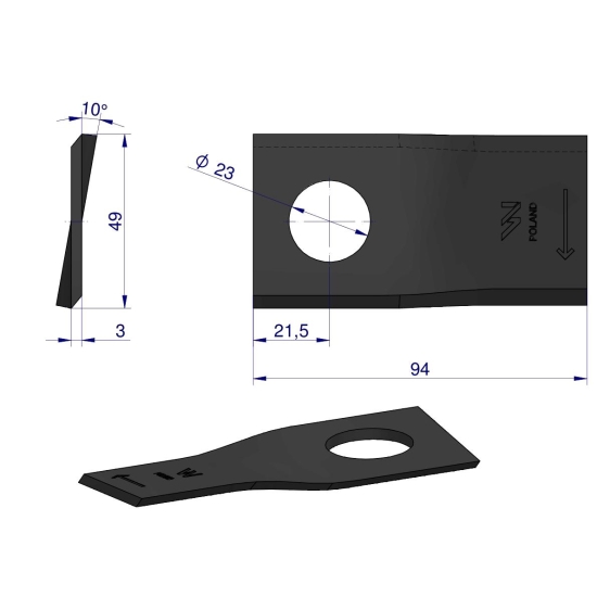 Nóż. nożyk kosiarka prawy 94x48x3mm otwór 23 zastosowanie T673R Mortl WARYŃSKI ( sprzedawane po 25 )