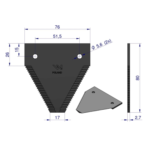 Nóż żniwny 80x76x2.7mm otwór 5.5 zastosowanie 614670.1 Claas WARYŃSKI ( sprzedawane po 25 )