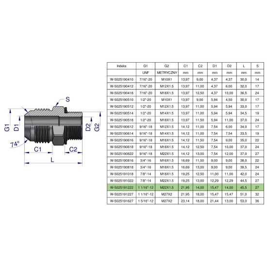 Przyłączka hydrauliczna BB 1 1/16"UNF (JIC) x M22x1.5 (XGE) Waryński ( sprzedawane po 2 )