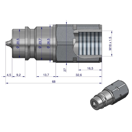 Szybkozłącze hydrauliczne wtyczka z eliminatorem ciśnienia M18x1.5 gwint wew. EURO (ISO 7241-A) Waryński