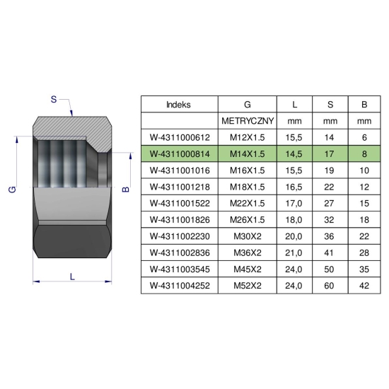 Nakrętka hydrauliczna metryczna (M08L) M14x1.5 08L Waryński ( sprzedawane po 20 )