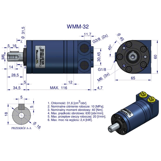 Silnik hydrauliczny orbitalny WMM 32 cm3/obr (100 bar / max.140 bar) Waryński