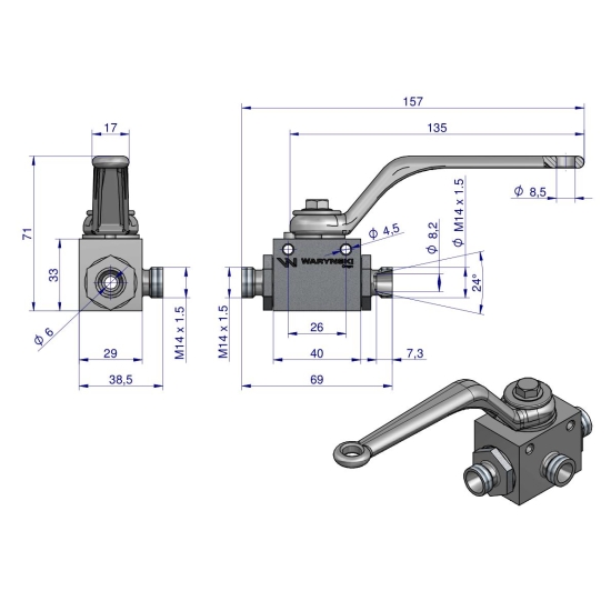 Zawór kulowy hydrauliczny 3-drogowy 3/2 M14x1.5 08L z otworami mocującymi 500 bar Waryński