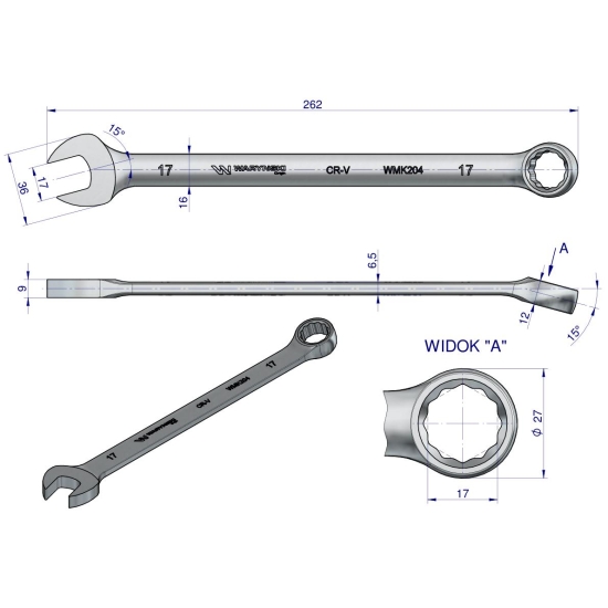 Klucz płaskooczkowy extra długi 17mm dł 262mm standard ASME B107.9M  Waryński