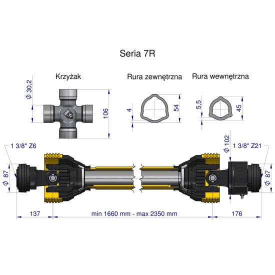 Wał przegubowo-teleskopowy 1660-2350mm 970Nm sprzęgło jednokierunkowe Z21 CE 2020 seria 7R Waryński