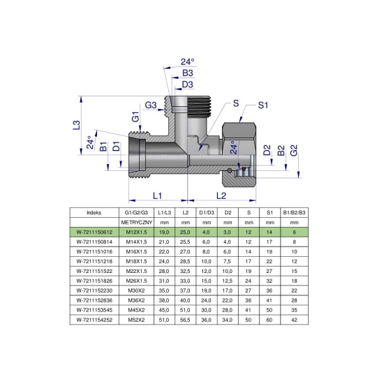 Trójnik hydrauliczny niesymetryczny metryczny BBA M12x1.5 06L (XEVL) Waryński ( sprzedawane po 2 )