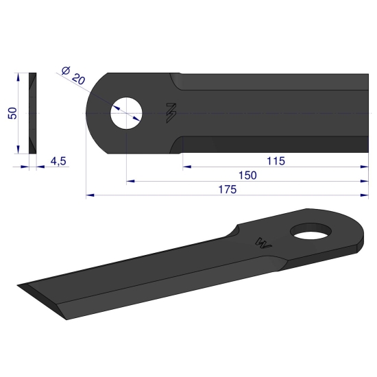 Nóż obrotowy rozdrabniacz słomy sieczkarnia gładki 175x50x4.5mm otwór 20 zastosowanie 320999350 New Holland  WARYŃSKI ( sprzedawane po 25 )